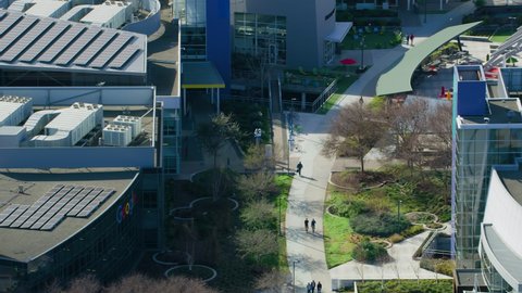 Mountain View, California, US. Circa 2019.  Aerial view of Googleplex the corporate headquarters of Google and Alphabet Inc. Google is a technology company providing Internet services and products.
