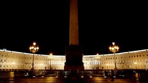 ST. PETERSBURG, RUSSIA - SEPTEMBER 13, 2017: Panoramic view of Alexander column on the Palace Square in the night