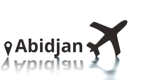 Abidjan text with city geotag and plane icon. Destination concept