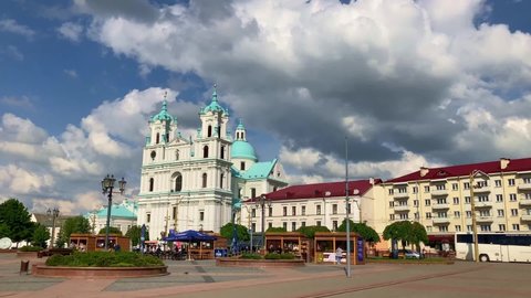 Grodno, Belarus - May 27, 2021: The Cathedral of St. Francis Xavier, also unofficially called Farny Church, is a Catholic cathedral in the city of Grodno. High quality FullHD footage