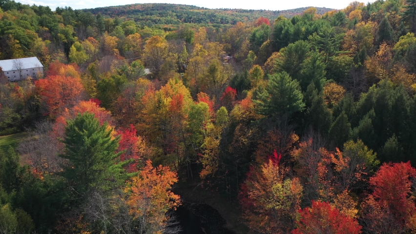 Aerial View of Vivid Autumn Forest Leaf, Creek and Countryside Houses, Maine USA Colorful Fairytale Landscape, Drone Shot