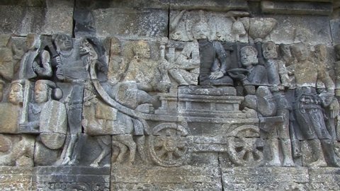 Bas-relief at Borobudur Temple, UNESCO World Heritage Site, Central Java, Indonesia, Buddhist Temple.