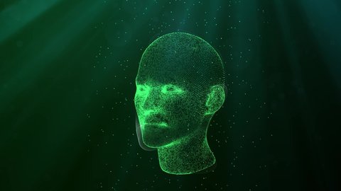Human head, digital scan. Human head made of particles against a blue background.Digital, Futurustic background.Technologic 4K