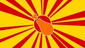 Chicken's leg symbol on the background of animation from moving rays of the sun. Large orange symbol increases slightly. Seamless looped 4k animation on yellow background