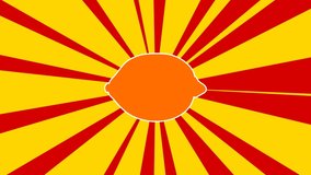 Lemon symbol on the background of animation from moving rays of the sun. Large orange symbol increases slightly. Seamless looped 4k animation on yellow background
