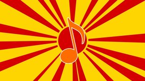 Musical note symbol on the background of animation from moving rays of the sun. Large orange symbol increases slightly. Seamless looped 4k animation on yellow background
