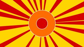 Record media symbol on the background of animation from moving rays of the sun. Large orange symbol increases slightly. Seamless looped 4k animation on yellow background