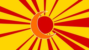 Moon symbol on the background of animation from moving rays of the sun. Large orange symbol increases slightly. Seamless looped 4k animation on yellow background