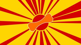 Dog bone symbol on the background of animation from moving rays of the sun. Large orange symbol increases slightly. Seamless looped 4k animation on yellow background