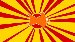 Gold fish symbol on the background of animation from moving rays of the sun. Large orange symbol increases slightly. Seamless looped 4k animation on yellow background
