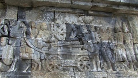 Bas-relief at Borobudur Temple, UNESCO World Heritage Site, Central Java, Indonesia, Buddhist Temple.