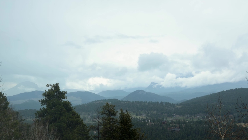 Overcast and low cloud timelapse during the spring viewing the Lost Creek Wilderness and Pike National Forest in the Rock Mountains, Colorado, USA.
