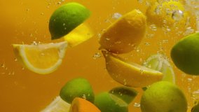 Close-up of falling sliced limes, oranges and lemons into the water on orange background, making a cocktail of citrus fruits, drinking cold lemonade, shooting of carbonated water with sliced fruits.  - Powered by Shutterstock - Get 15% off with code: PIKWIZARD15