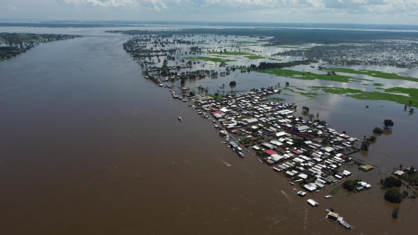 Aerial view of a big flood in Careiro da Varzea, near the city of Manaus, Amazonas state, during the rise of Negro River waters due to heavy rains and La Nina phenomenon in Brazil.