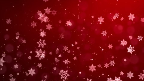 Winter Snowfall and snowflakes Red background. Cold winter Holiday Merry Christmas and New Year background. abstract shining Shimmering Glittering Bokeh blinking Dust Particles magic.