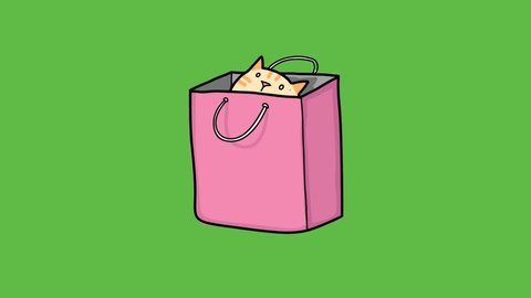 Drawing a sitting cat in pink shopping bag in black, grey, brown and white colour combination at abstract green background
