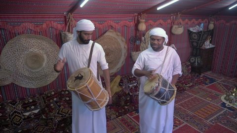 KISH, IRAN - 2020: A traditional folk music band at Baghou village in Kish Island. Kish Island is one of the most-visited vacation destinations in the Middle East