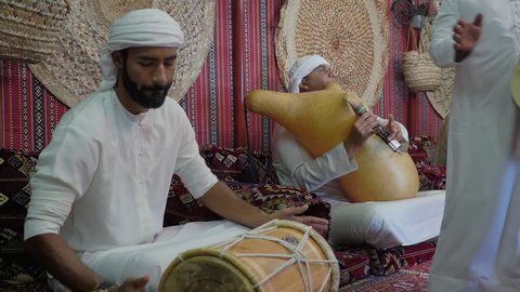 KISH, IRAN - 2020: A traditional folk music band at Baghou village in Kish Island. Kish Island is one of the most-visited vacation destinations in the Middle East