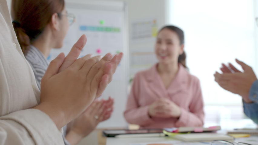 Small group asia female young happy people, sale team work in reskill upskill training class share plan idea in project research job feel bonding thankful respect greeting smile sit in office room. Royalty-Free Stock Footage #1073404874