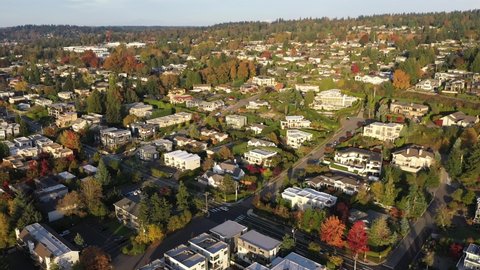 Cinematic aerial drone footage of Yarrow Bay Marina, Houghton Beach Park, Lakeview, Central Houghton, Kirkland, Lake Washington, affluent residential neighborhood near Bellevue in autumn foliage