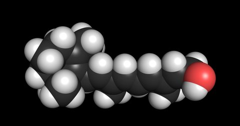 Vitamin A retinol molecule 3D render chemical structure 4K seamless loop on black background