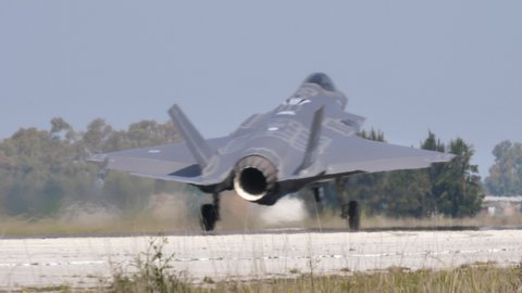 Andravida Greece APRIL, 03, 2019 F35 stealth military fighter jet landing with closeup on the big engine back. Lockheed Martin F-35 Lightning II of Italian Air Force