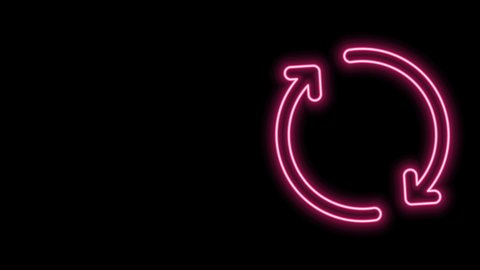 Glowing neon line Refresh icon isolated on black background. Reload symbol. Rotation arrows in a circle sign. 4K Video motion graphic animation.