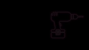 Glowing neon line Drill machine icon isolated on black background. 4K Video motion graphic animation.