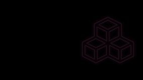 Glowing neon line Isometric cube icon isolated on black background. Geometric cubes solid icon. 3D square sign. Box symbol. 4K Video motion graphic animation.