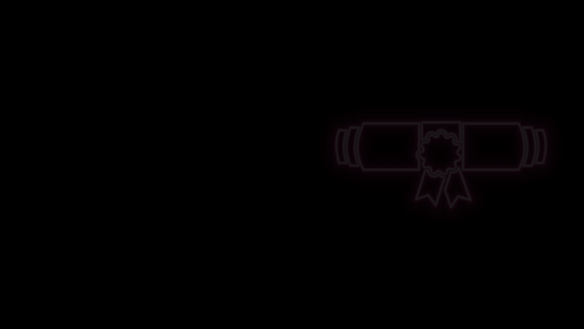 Glowing neon line Diploma rolled scroll with stamp and ribbon icon isolated on black background. Paper scroll with wax seal. Business certificate. 4K Video motion graphic animation.