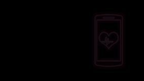 Glowing neon line Smartphone with heart rate monitor function icon isolated on black background. 4K Video motion graphic animation.