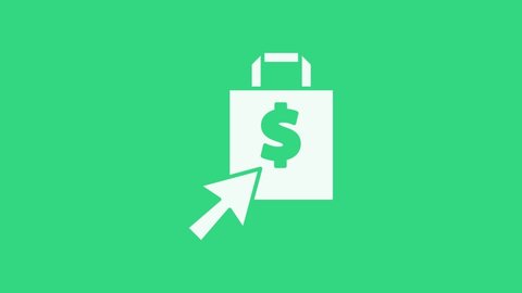 White Shoping bag and dollar icon isolated on green background. Handbag sign. Woman bag icon. Female handbag sign. 4K Video motion graphic animation.