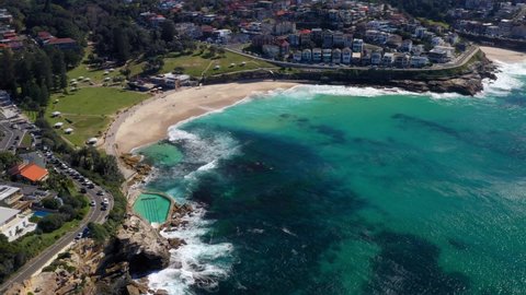Rock Pool At Bronte Park In Bronte Beach, Sydney, New South Wales, Australia. - Aerial Drone Shot
