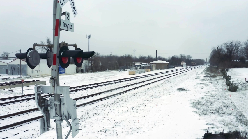 Smooth capture of railroad crossing sign and train tracks.