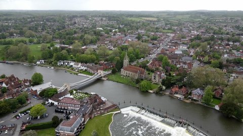 Marlow town Buckinghamshire on River Thames UK aerial high point of view footage 4K