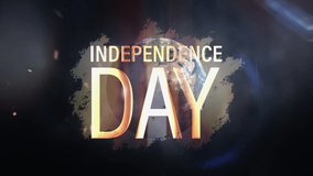 Independence Day cinematic intro title video. 4K 3D render seamless loop showing Independence day golden text message with rotate world and flare light futuristic hi-tech motion style background.