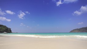 PHUKET, THAILAND. BEACH SEA. Professional Video 4K. Scene of summer beach sea in sunny day. Beautiful Seascape blue sky Rock and sand beach. 