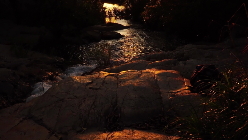 Sunset over serene stream, golden light shining on rocks under shade of trees