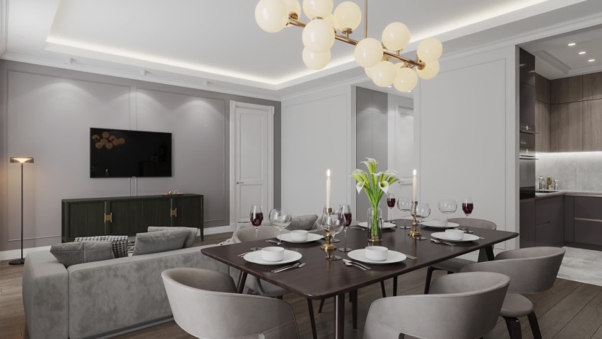 3D-Illustration.  Camera in the 
dining room slowly circles the set table. 