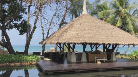 Krabi, Thailand - February 8 2018: Beachside bar and lounge at luxury hotel Phulay Bay, a Ritz Carlton Reserve resort