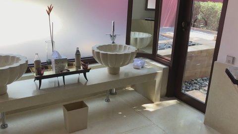Krabi, Thailand - February 8 2018: Private villa bathroom at luxury hotel Phulay Bay, a Ritz Carlton Reserve resort