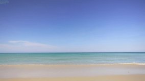 Phuket beach sea sand and sky. Professional video Landscape view of beach sea in summer day. Beach space area. At Karon Beach, Phuket, Thailand. On 29May 2021. 4K UHD. Video Clip