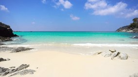 PHUKET, THAILAND. BEACH SEA. Professional Video 4K. Scene of summer beach sea in sunny day. Beautiful Seascape blue sky Rock and sand beach. 