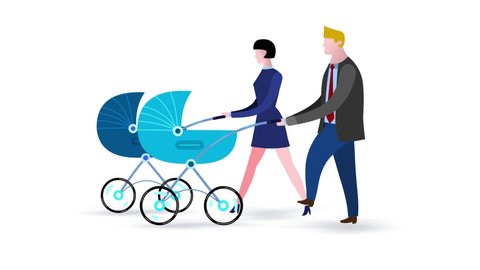 Cartoon business couple with baby buggies. Handsome people – father and mother character. Business people animated version. Business cartoon animations serie. Alpha channel, seamless loop.