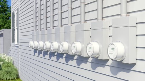 3d Rendering of Side View Of Electric Meters On Building Facade With Blurred Garden Background