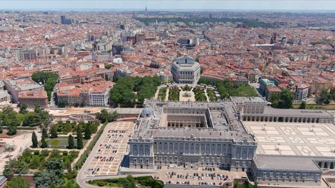 Madrid: Aerial view of capital city of Spain, Royal Palace of Madrid (Palacio Real de Madrid) in historic centre of city - landscape panorama of Europe from above