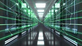 Digital Green line information flying in data centers with ig server room. 4K footage dolly moving camera throw data server computers. Network and information servers behind glass panels. - Powered by Shutterstock - Get 15% off with code: PIKWIZARD15