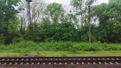 View from window of speed train on landscape of beautiful nature field road with forest