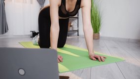 Online fitness training. Home exercise. Internet workout program. Athletic woman in activewear holding plank with video tutorial on laptop on yoga mat on floor.