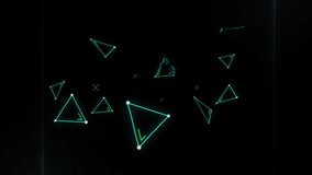 Animation of flickering green triangles and markers on black background. global connections, digital interface and security concept digitally generated video.